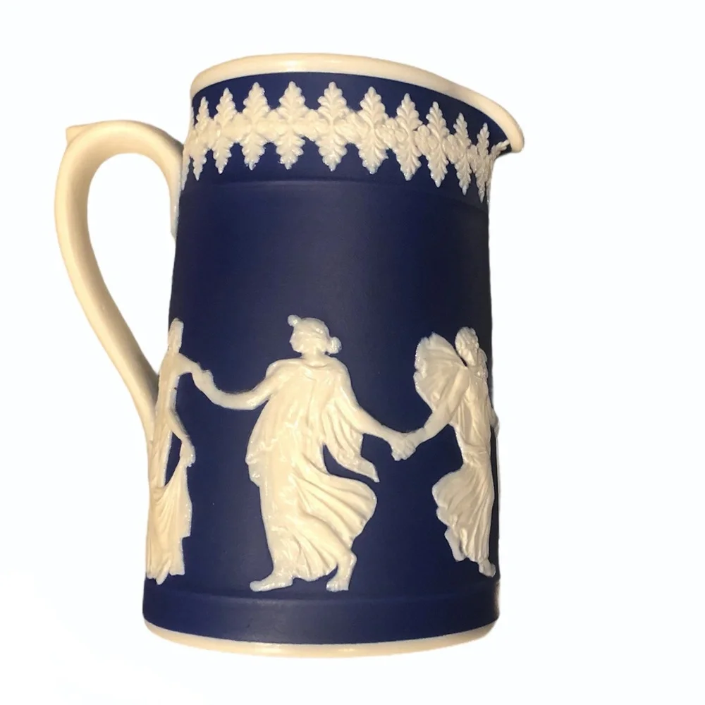 DUDSON HANLEY JASPERWARE BLUE WITH WHITE RAISED RELIEF NEOCLASSICAL PITCHER